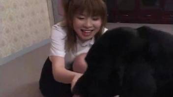 Skinny Asian woman has hairy pussy drilled by big dog