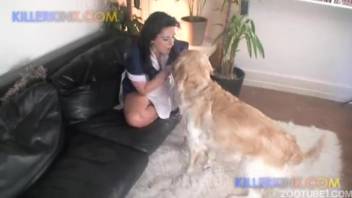 A white dog eagerly laps and penetrates a moist, inked vagina