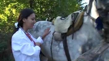 Curvaceous brunette vixen eagerly devours a massive horse-like dick with passion