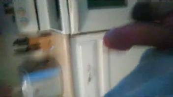 Guy nonchalantly presents his dick to his hot blowjob-giving pup