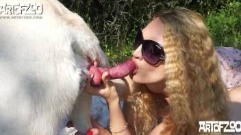 Blond-haired beauty in sexy shades fucks a white dog