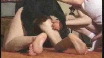 Bushy-vagina chick getting fucked doggy-style by a canine