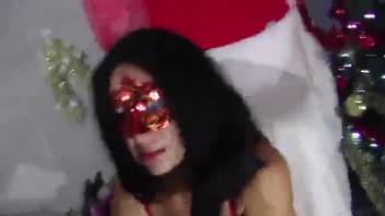 Girl in red mask adores dual canine cocks simultaneously