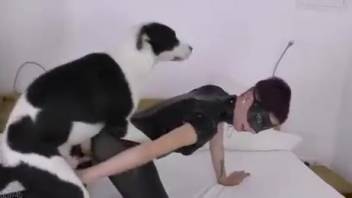 Latex-clad hottie pounded by a pale pooch