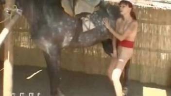 Skinny redhead sizes up a horse's cock before sucking it