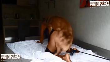 Mischievous bestiality enthusiast woman screwing her animal companion in every location