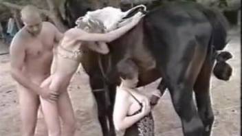 Farmers are watching how busty redhead sucks their lovely pony
