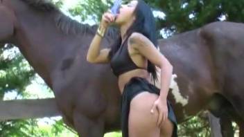 Voluptuous mature woman relishes enormous equine penis on webcam