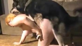 Plump older blond woman and hairy companion have sex doggy style